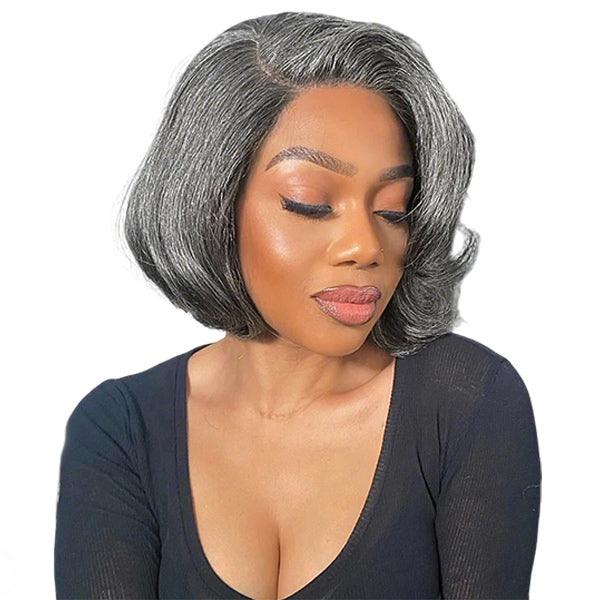 Salt And Pepper Layered Bob Wear Go Glueless Wig Pre-Cut C-Shaped 7x5 Lace Flexible Fit Drawstring