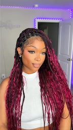 Human Hair Boho Box HD Lace Braided Wig 36 Inches 88 Strands - Light Burgundy