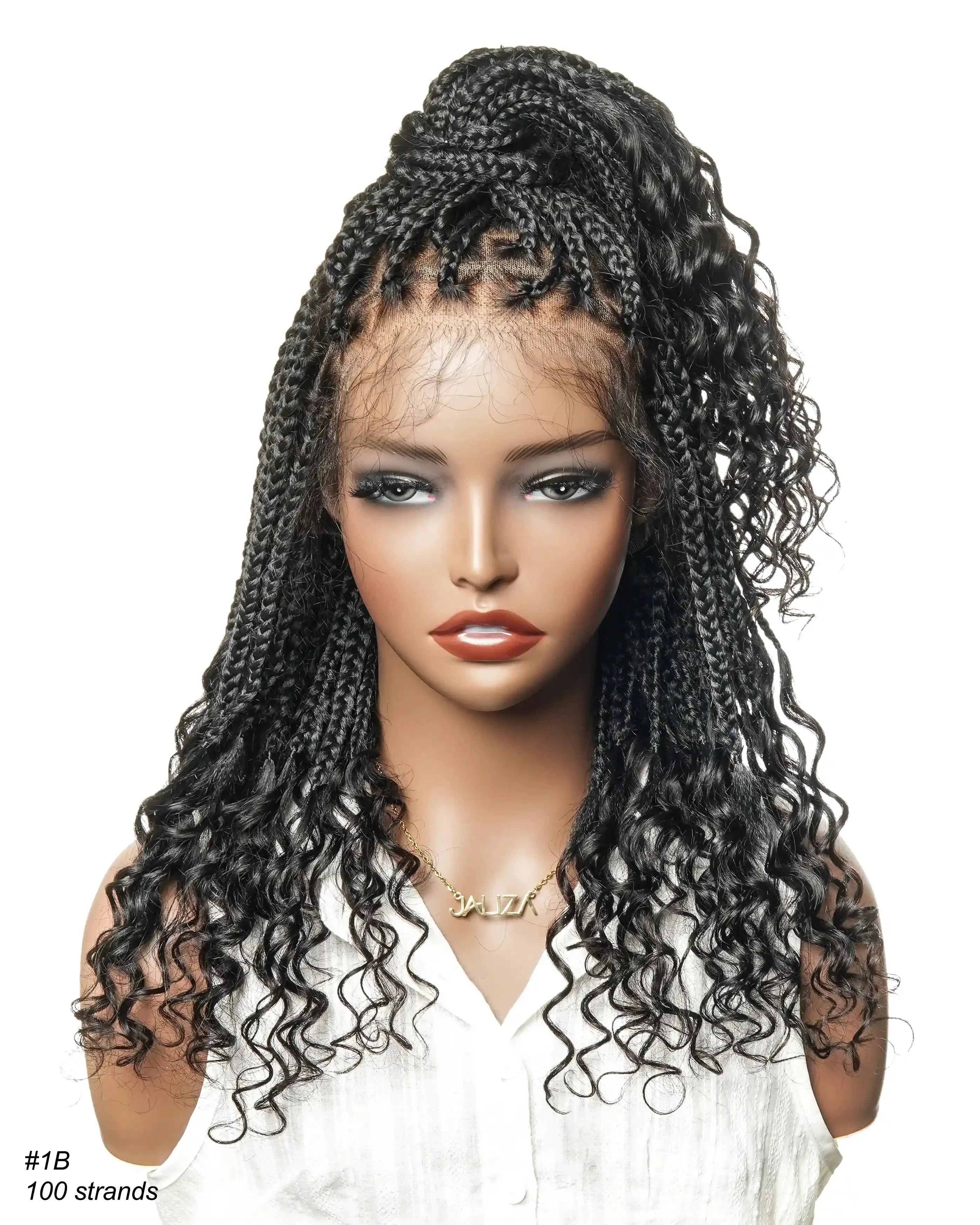 Nina - Short Pre Bleached HD Full Lace Knotless Box Braided Wig With Human Hair Curly Ends