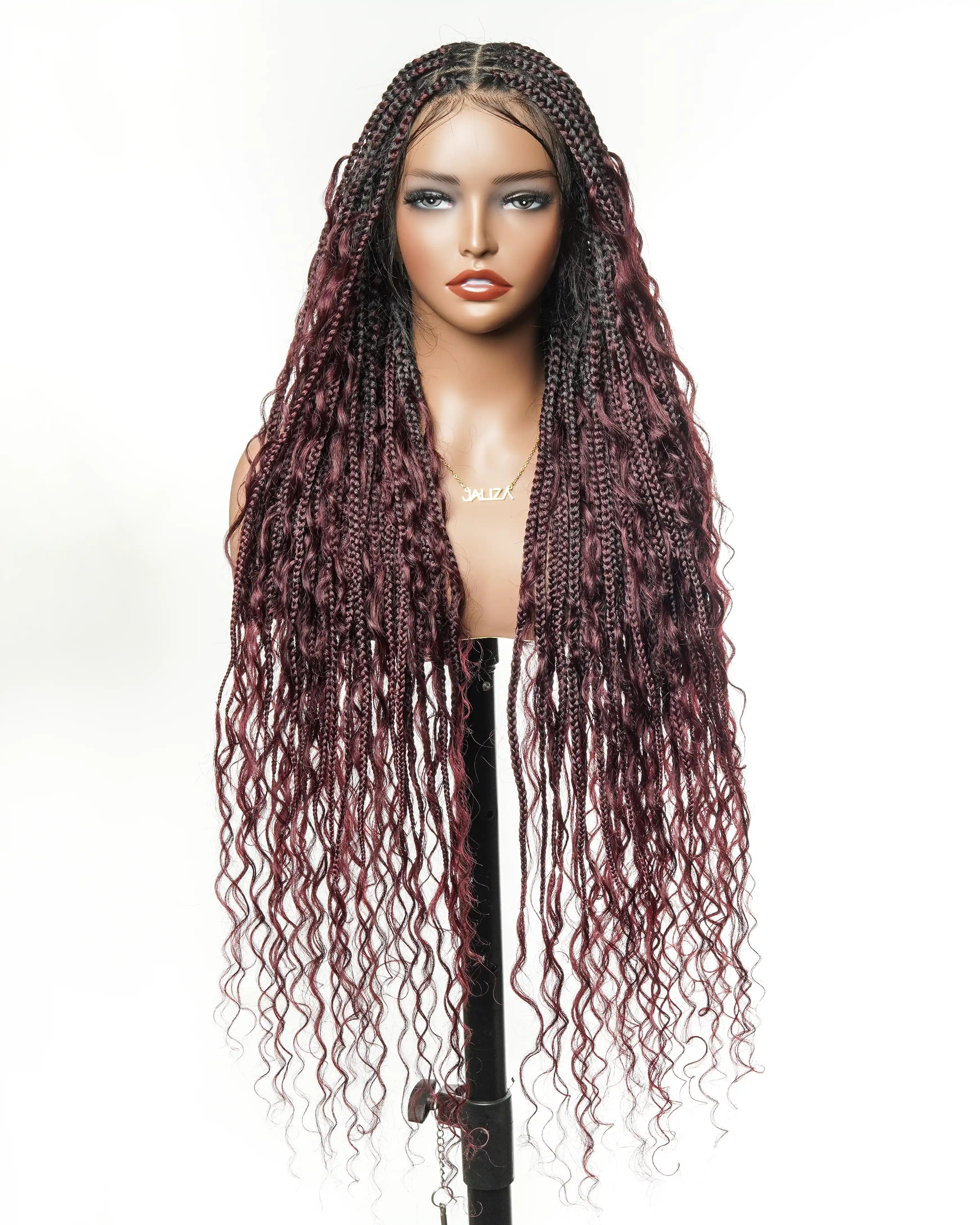 Full Transparent Lace Human Hair Boho Curls Knotless Boho Box Braided Wig 86 Strands