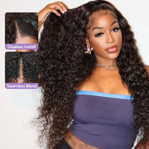 Deep Wave Drawstring Natural Scalp Glueless V Part Wig Natural Black