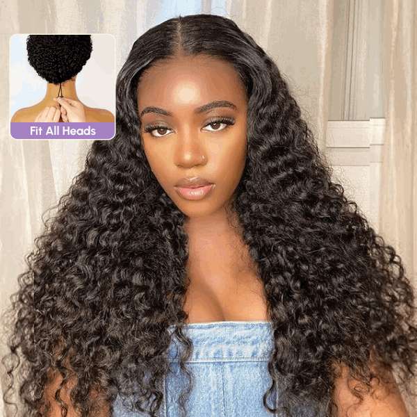 Deep Wave Drawstring Natural Scalp Glueless V Part Wig Natural Black