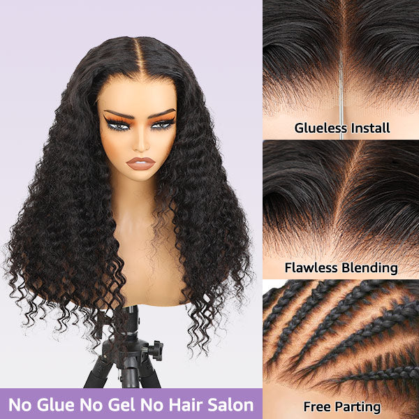 Pre-Bleached Knots Deep Wave Hair Drawstring Wear Go Glueless Wigs 7x5 Pre Cut HD Lace Closure Wigs With Pre Plucked Nautral Hairline