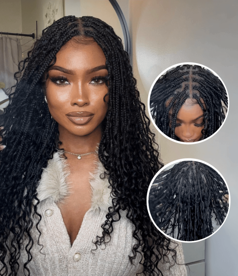 Glueless 16"-24" Pre Cut HD Full Elastic Lace Human Hair Boho Curls Lightweight Ready-To-Go Braided Wig (Lace Not Hand Tied)