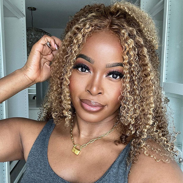 Kinky Curly 4/27 Highlight Wear Go Glueless Wig Pre-cut Lace Wig 7x5 Lace Wig Preplucked with Natural Hairline