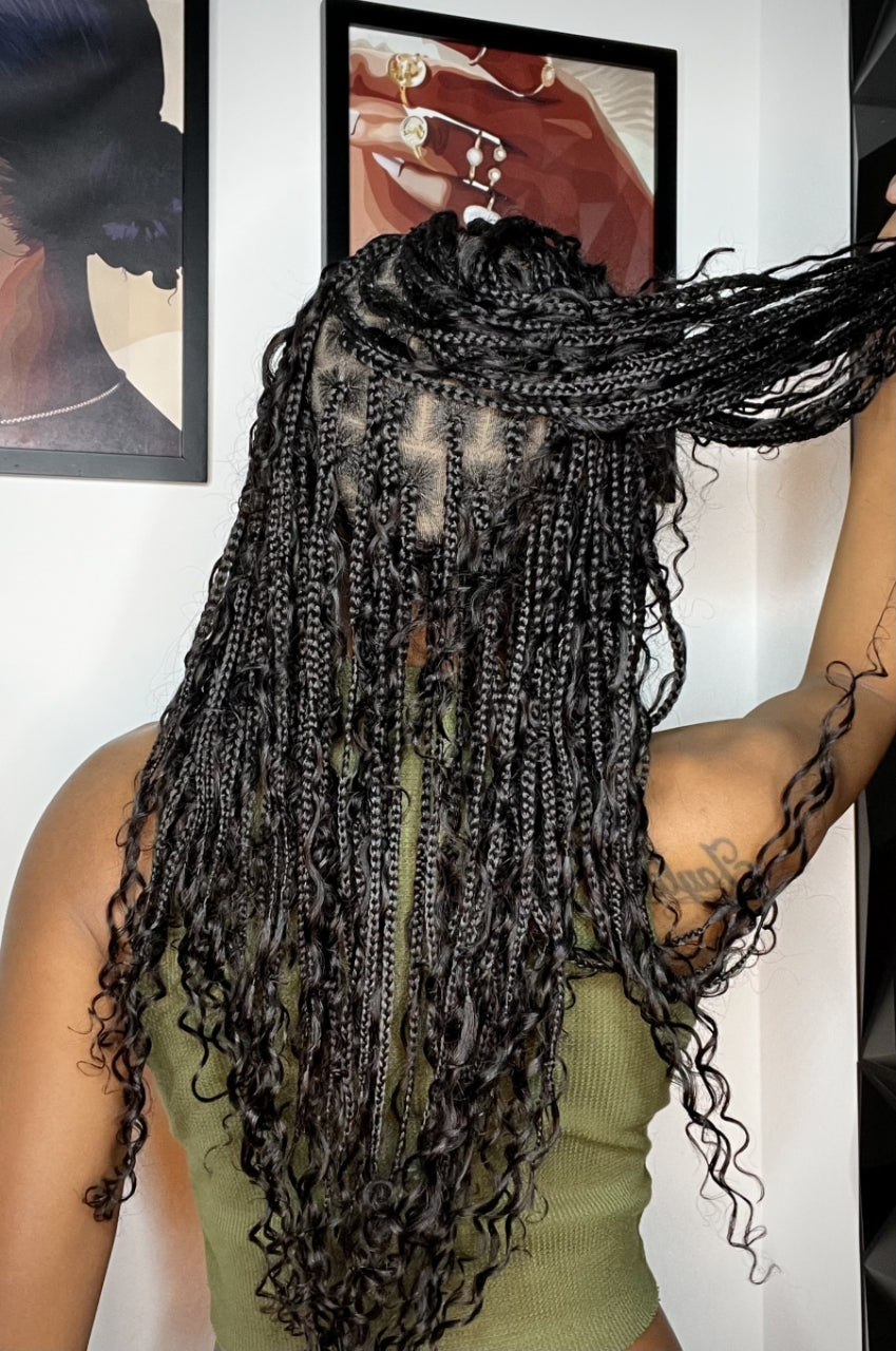 Glueless 16"-24" Pre Cut HD Full Elastic Lace Human Hair Boho Curls Lightweight Ready-To-Go Braided Wig (Lace Not Hand Tied)