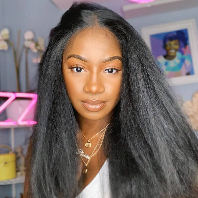 Preplucked Kinky Straight 5x5 HD Lace Closure Wigs Brazilian Virgin Human Hair Natural Black