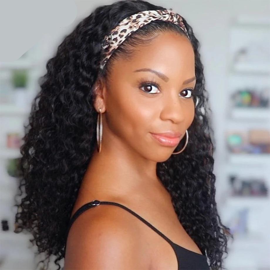 Curly Wave Headband Wig Human Hair Brazilian Deep Wave Machine Made Wigs With Head Band No Glue Scarf Wig