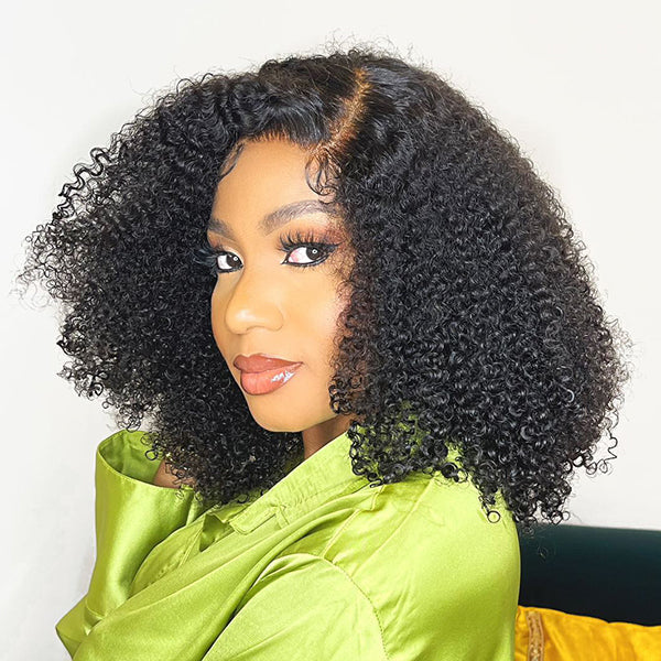 Afro Jerry Curly 5x5 Closure Lace Glueless Side Part Shoulder Length Wig 100% Human Hair
