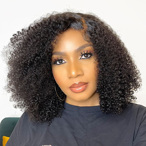 Afro Jerry Curly 5x5 Closure Lace Glueless Side Part Shoulder Length Wig 100% Human Hair