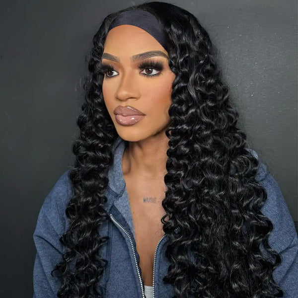 Natural Loose Deep Headband Wig Easy Slip-On Style 100% Human Hair Wig