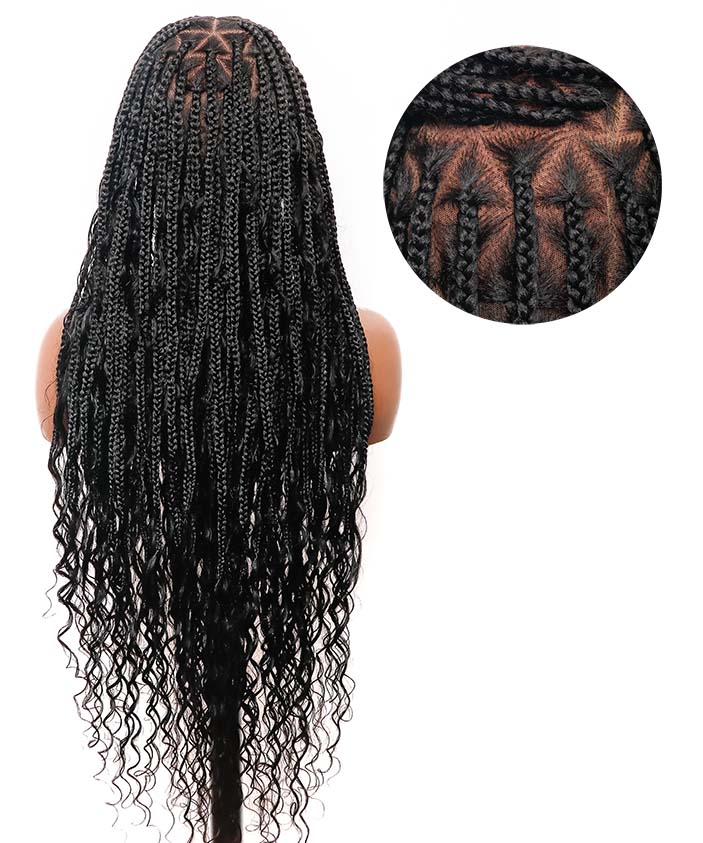 Small & Large Head Size Exclusive - Triangle Base HD Full Lace Human Hair Boho Curls Knotless Boho Box Braided Wig 36"