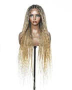 Mix Color 27/613 Human Hair Wet & Wavy Curls 36" Knotless Boho Box Pre Bleached HD Full Lace Braided Wig