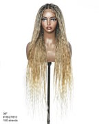 Mix Color 27/613 Human Hair Wet & Wavy Curls 36" Knotless Boho Box Pre Bleached HD Full Lace Braided Wig
