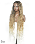 Mix Color 27/613 Human Hair Wet & Wavy Curls 36" Knotless Boho Box Pre Bleached HD Full Lace Braided Wig