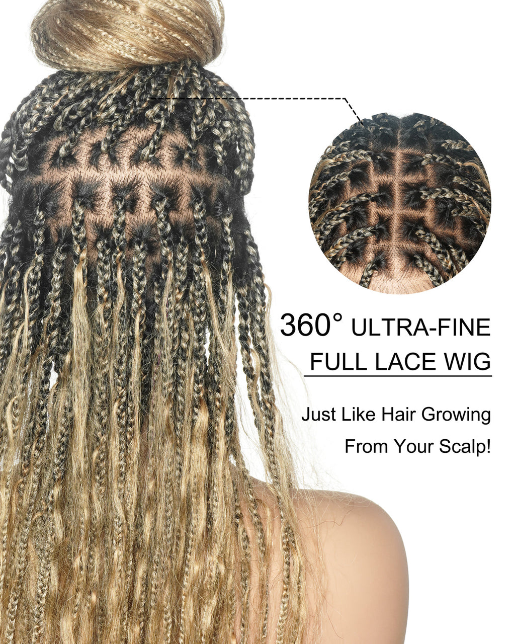 Mix Color 27/613 Human Hair Wet & Wavy Curls 36" Knotless Boho Box Pre Bleached HD Full Lace Braided Wig