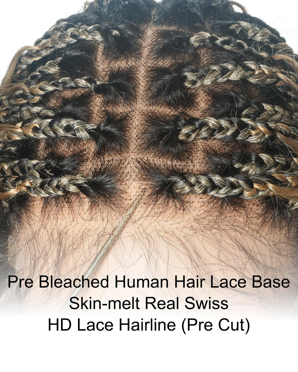 Mix Color 27/613 Human Hair Wet & Wavy Curls 36" Knotless Boho Box Pre Bleached HD Full Lace Braided Wig