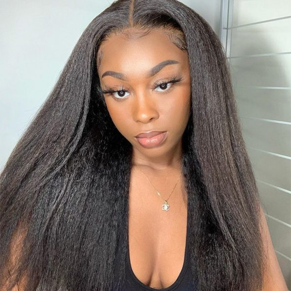 Preplucked Kinky Straight 5x5 HD Lace Closure Wigs Brazilian Virgin Human Hair Natural Black