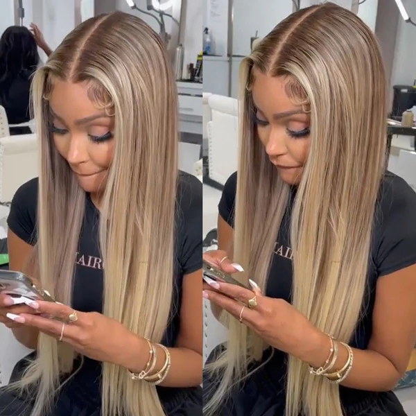 Straight Brown Wig With Blonde Highlight #4/613 Color 13x4 Lace Frontal Wigs Pre Plucked Natural Hairline