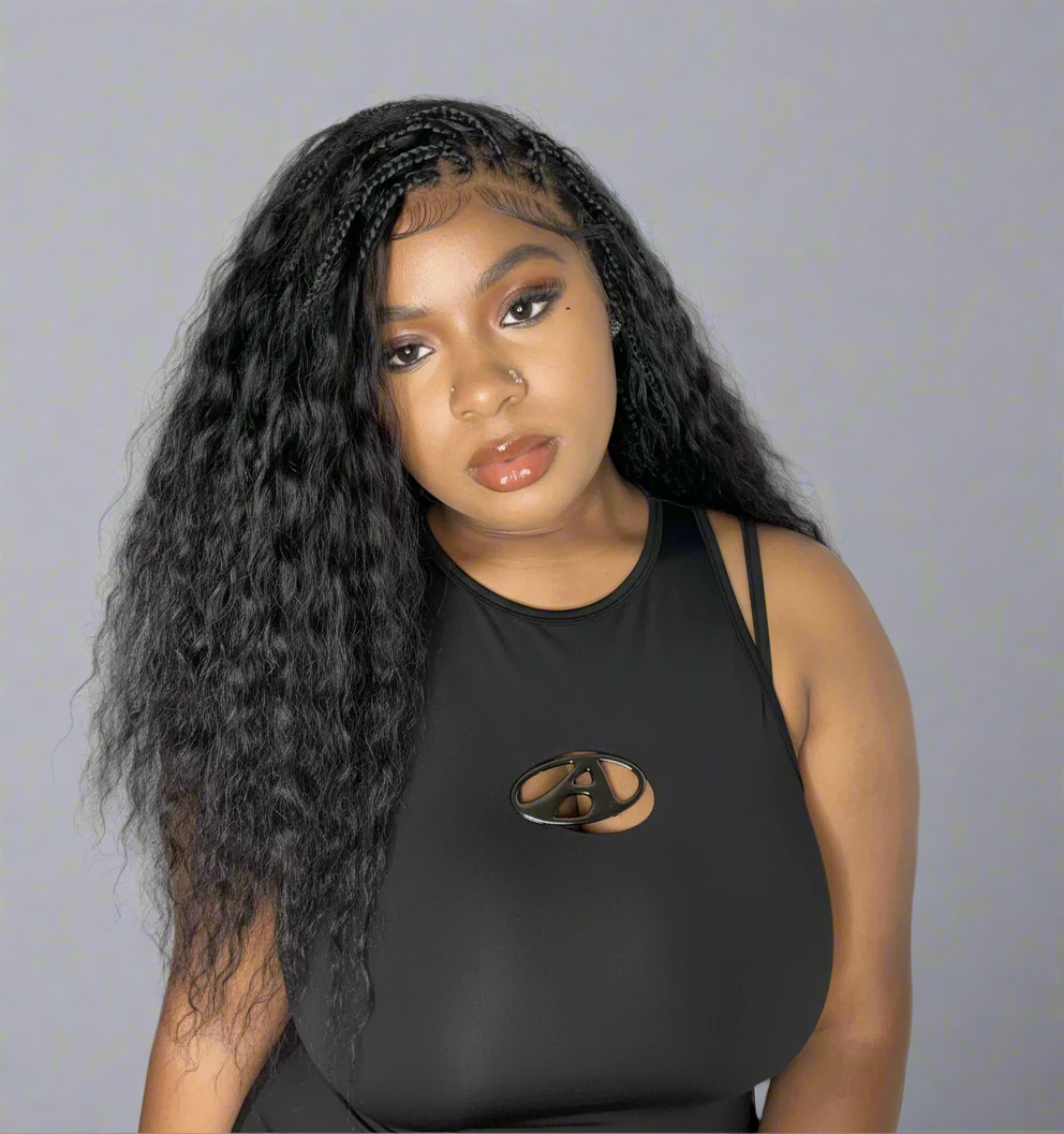 Raina - Bora Bora Human Hair Wet & Wavy Curls Pre Bleached HD Full Lace Boho Braided Wig