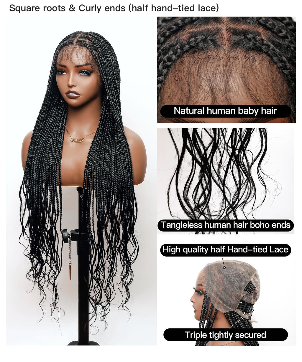 Human Hair Boho Curly Ends Knotless Box Braided Wig 32"-36" Full Lace 100% Hand-tied - Human Baby Hair (US Only)