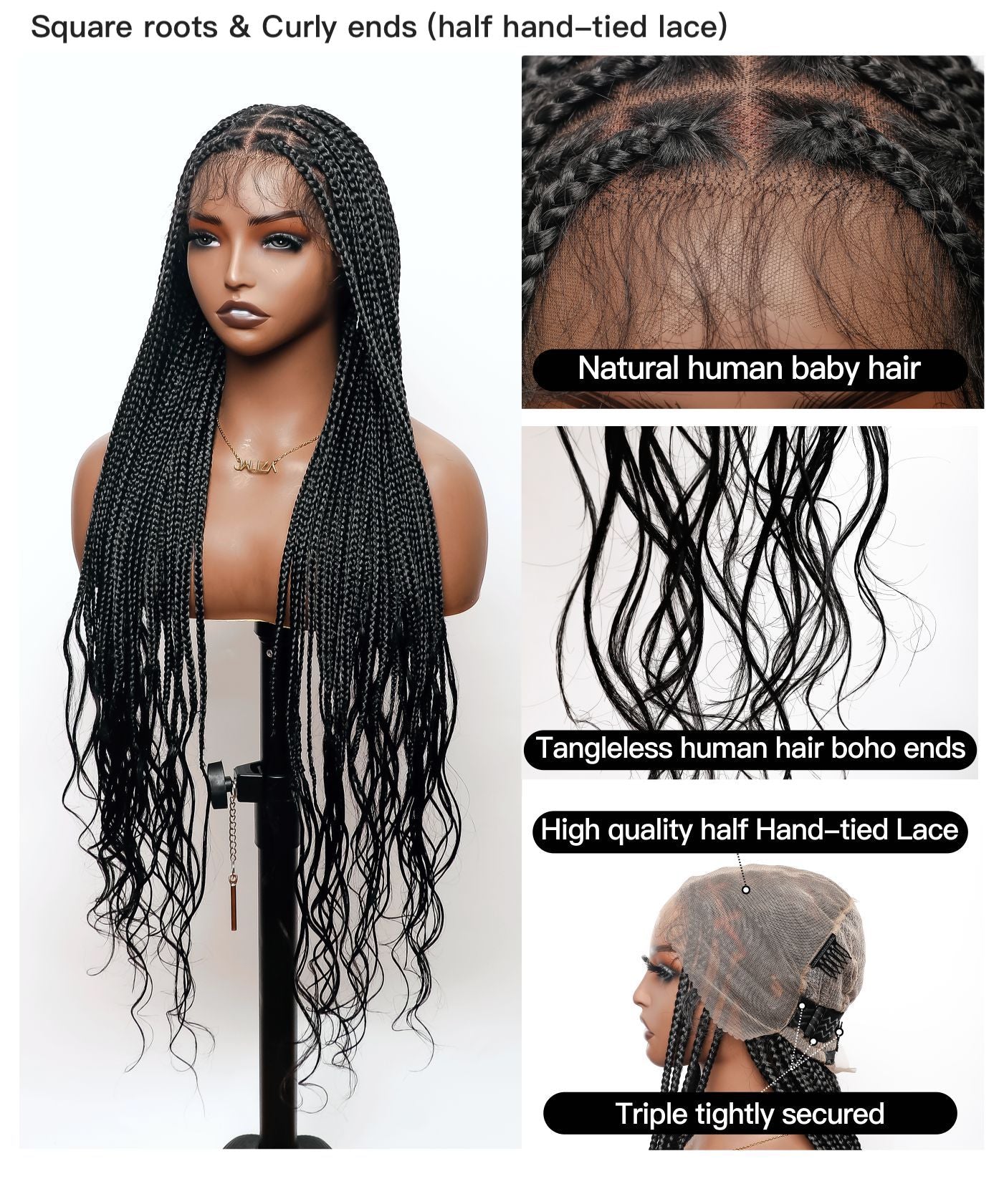 Human Hair Boho Curly Ends Knotless Box Braided Wig 32"-36" Full Lace 100% Hand-tied - Human Baby Hair (US Only)