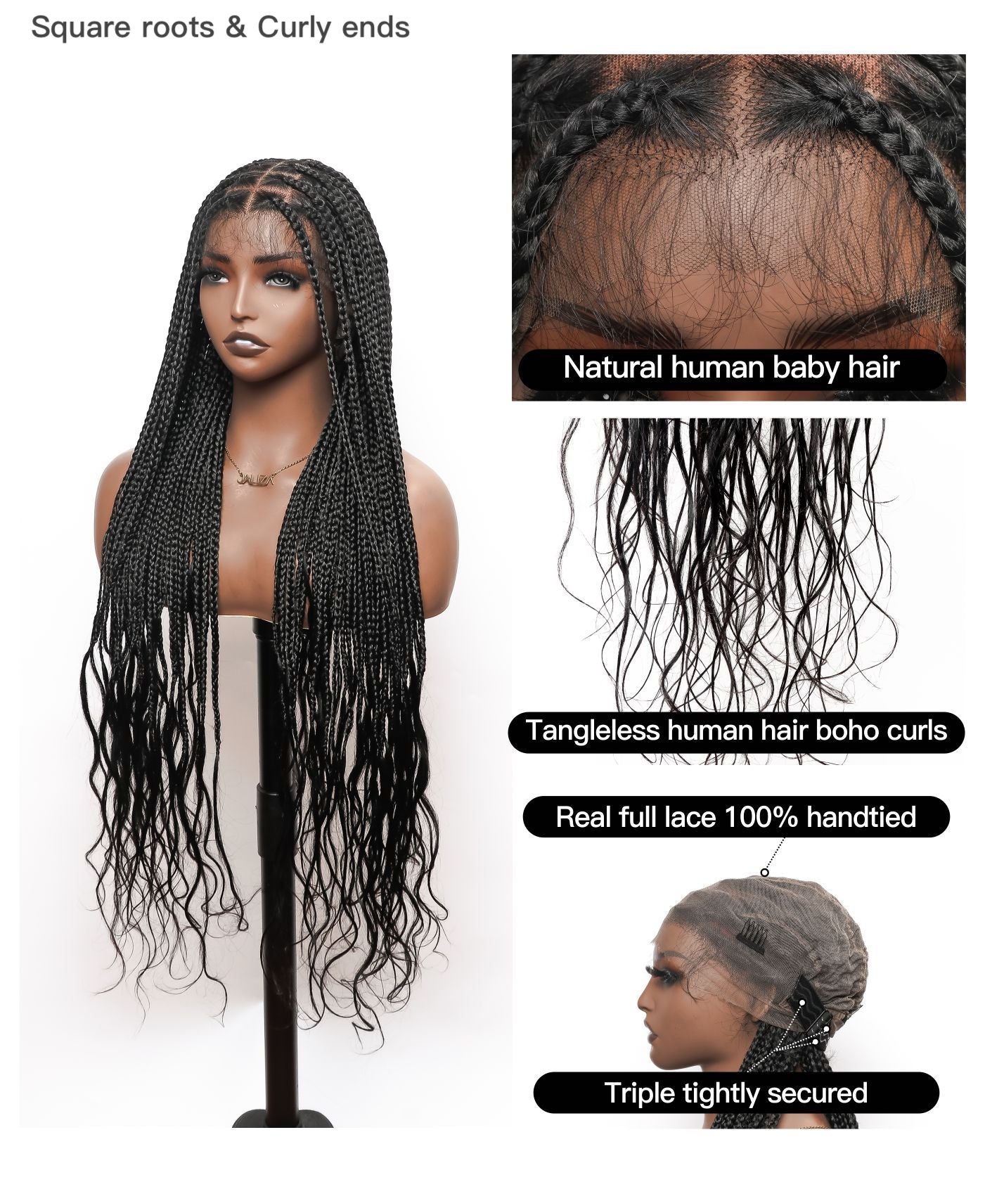 Human Hair Boho Curly Ends Knotless Box Braided Wig 32"-36" Full Lace 100% Hand-tied - Human Baby Hair (US Only)