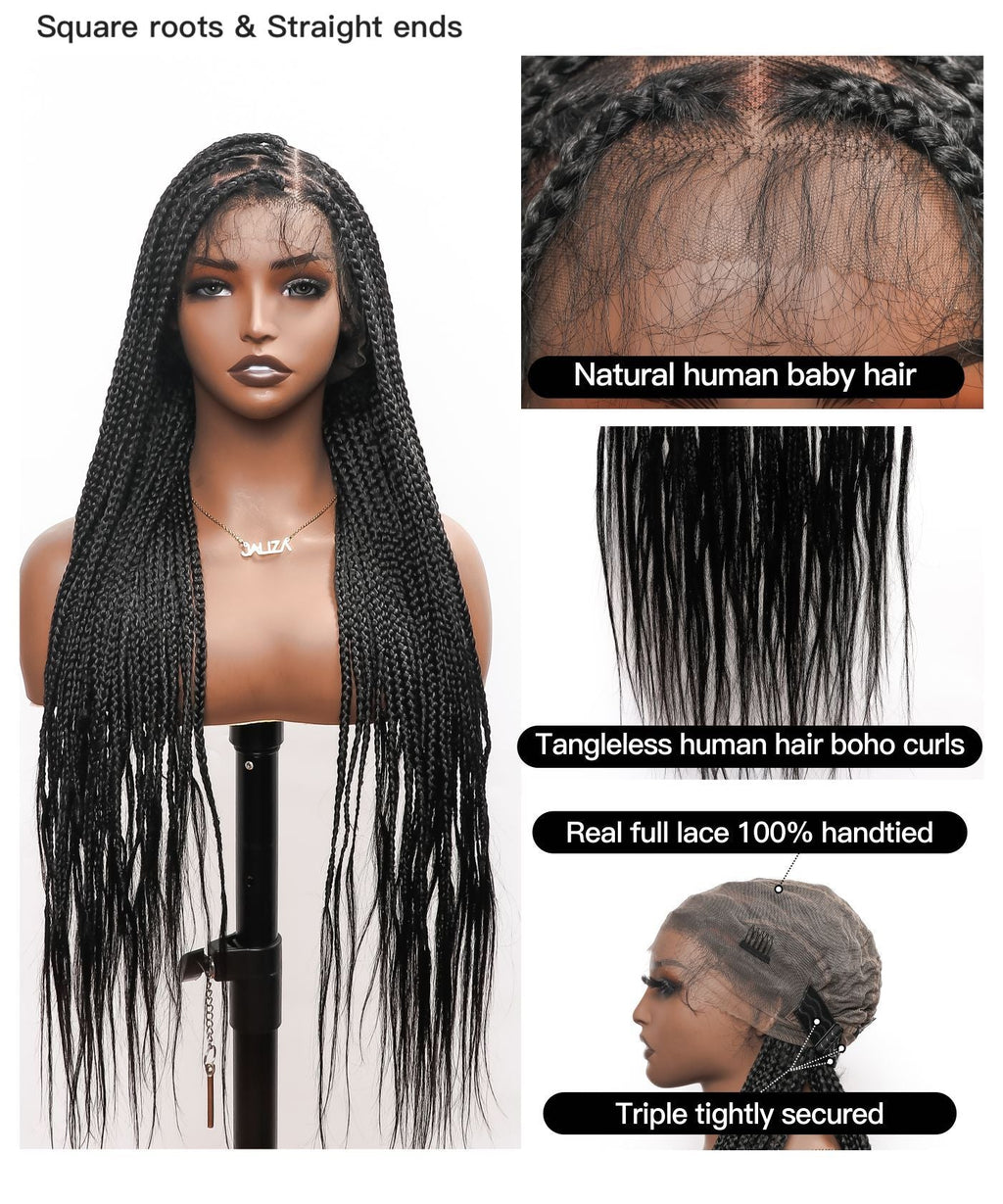 Human Hair Boho Curly Ends Knotless Box Braided Wig 32"-36" Full Lace 100% Hand-tied - Human Baby Hair (US Only)