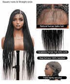 Human Hair Boho Curly Ends Knotless Box Braided Wig 32"-36" Full Lace 100% Hand-tied - Human Baby Hair (US Only)