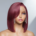 Burgundy New Trend Side-swept Bangs Glueless Wide T Lace Bob Wig 100% Human Hair