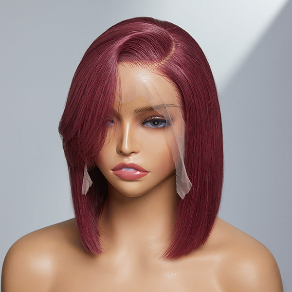 Burgundy New Trend Side-swept Bangs Glueless Wide T Lace Bob Wig 100% Human Hair