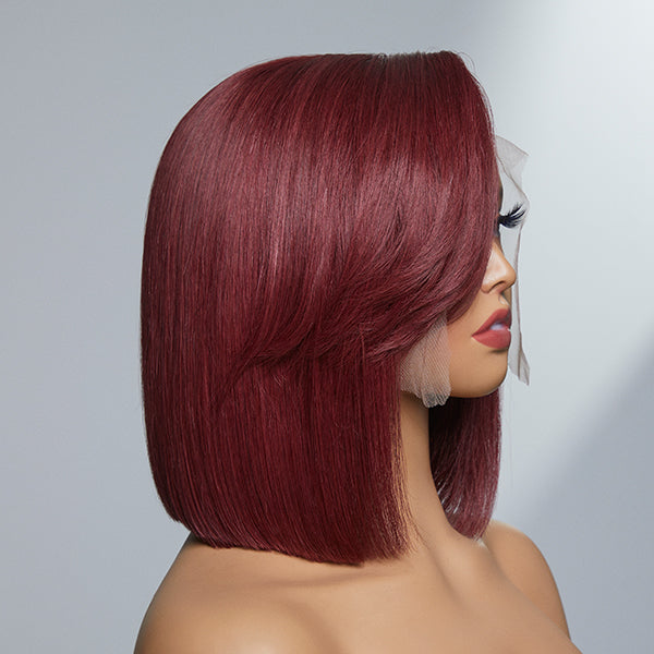 Burgundy New Trend Side-swept Bangs Glueless Wide T Lace Bob Wig 100% Human Hair