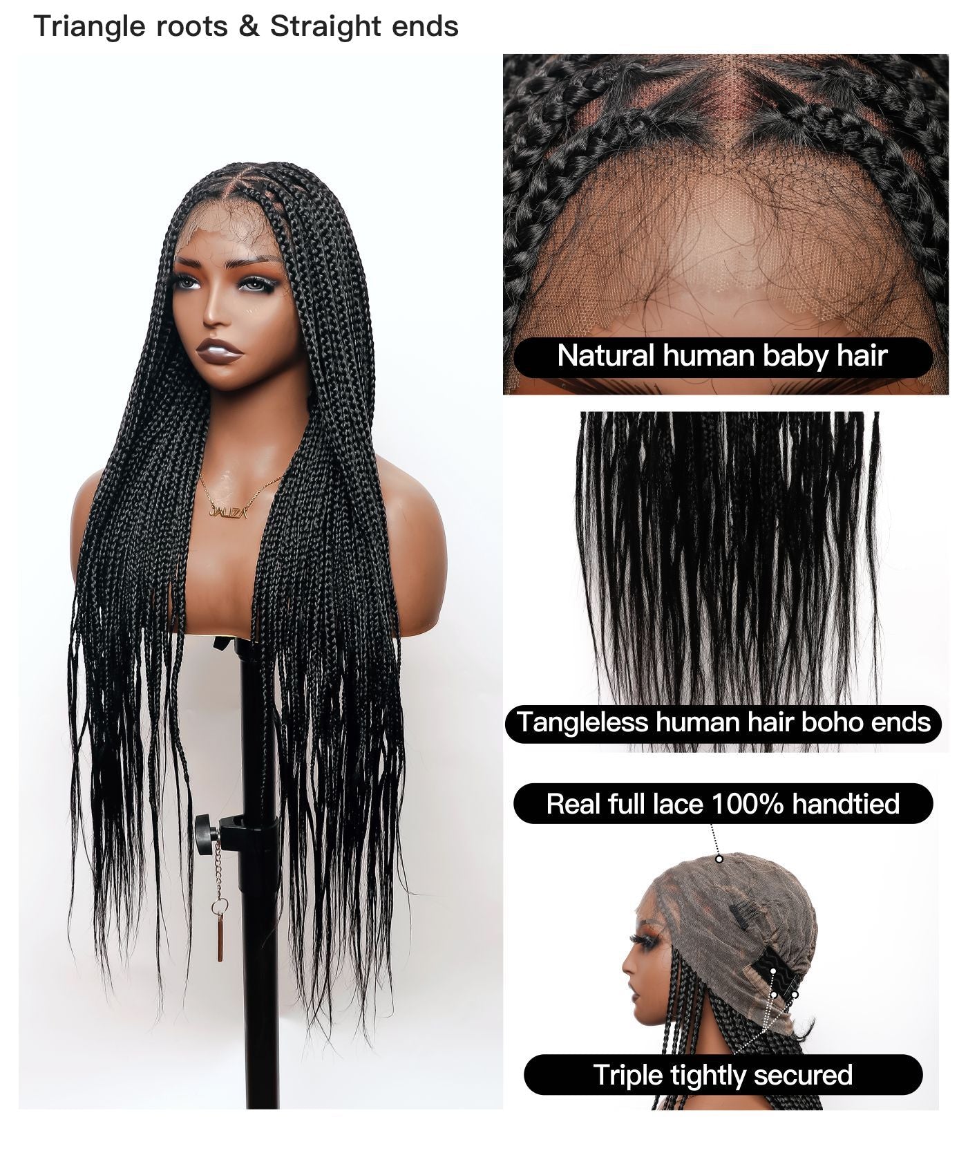 Human Hair Boho Curly Ends Knotless Box Braided Wig 32"-36" Full Lace 100% Hand-tied - Human Baby Hair (US Only)