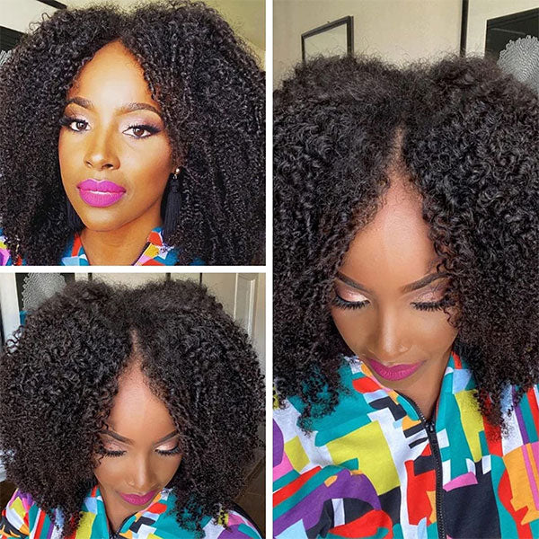 Kinky Curly V Part Wig No Leave Out Thin Part Glueless Wigs Human Hair Wig