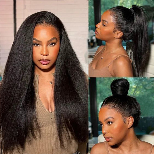 Yaki Straight Invisi-Drawstring Flexible Fit 360 Glueless Wig Pre-Cut Lace Pre Bleached Knots