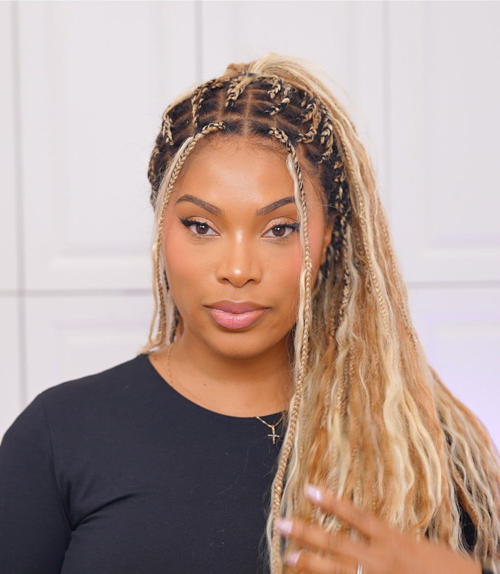 Mix Color 27/613 Human Hair Wet & Wavy Curls 36" Knotless Boho Box Pre Bleached HD Full Lace Braided Wig