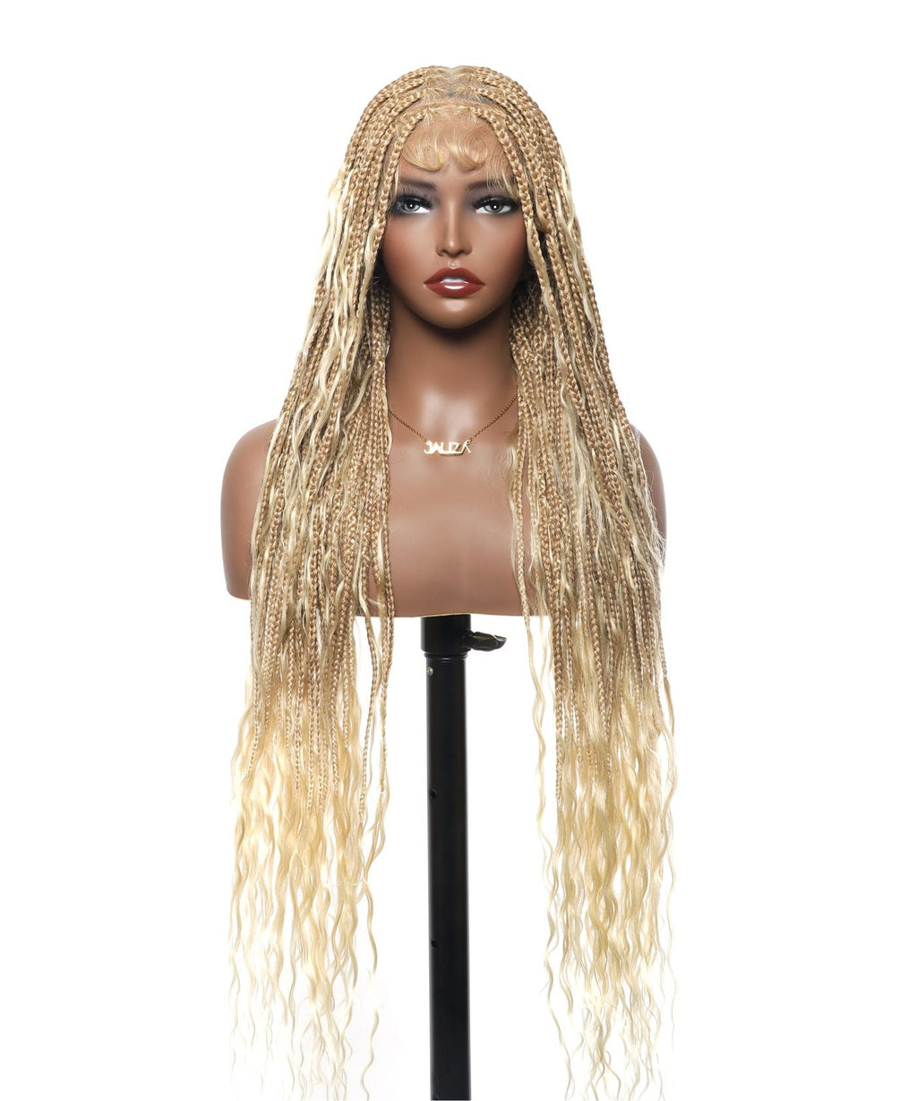 HD Full Lace Human Hair Boho Curls 36" Knotless Boho Box Braided Wig