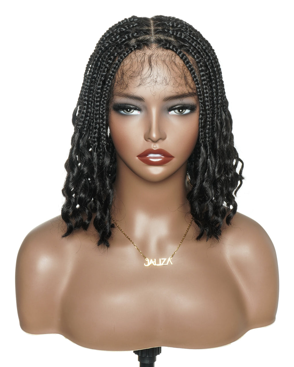 Nina - Short Pre Bleached HD Full Lace Knotless Box Braided Wig With Human Hair Curly Ends
