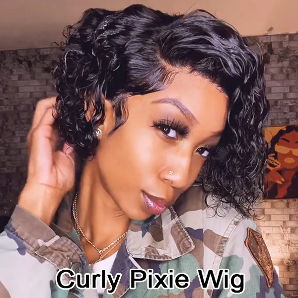Short Curly Hair 13x4 Lace Front Wig Pixie Wig Human Hair Preplucked with Baby Hair