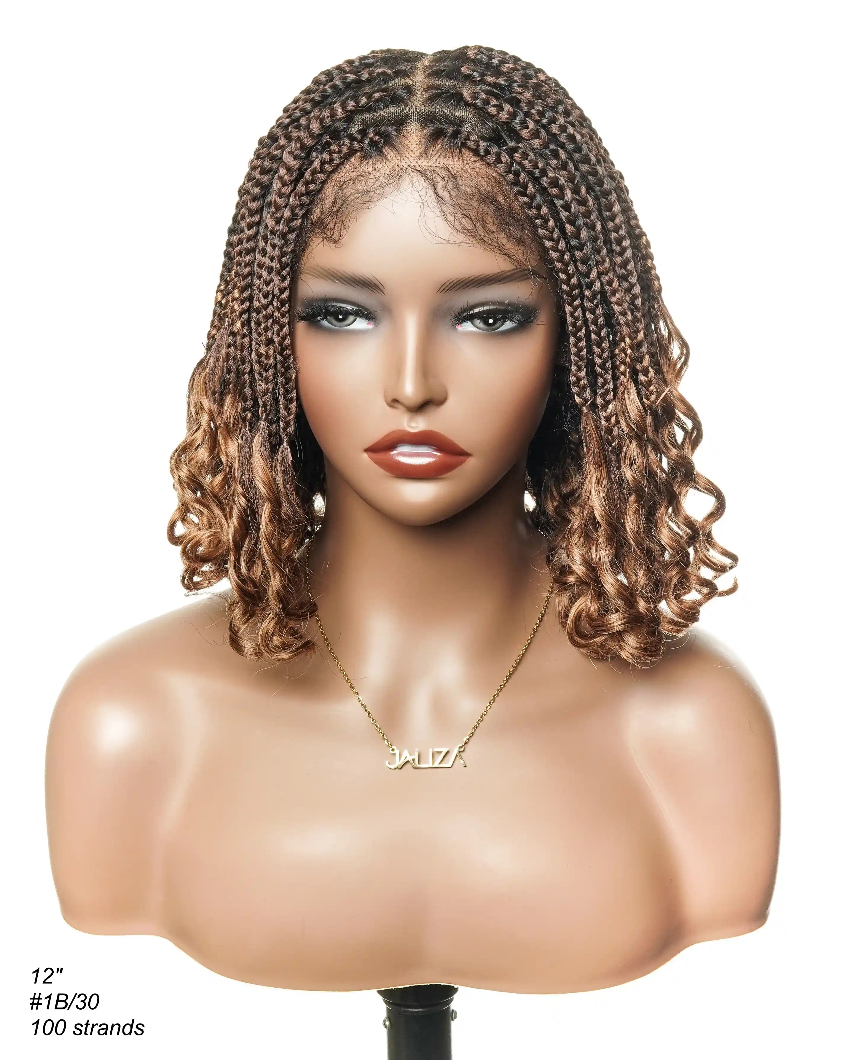 Nina - Short Pre Bleached HD Full Lace Knotless Box Braided Wig With Human Hair Curly Ends