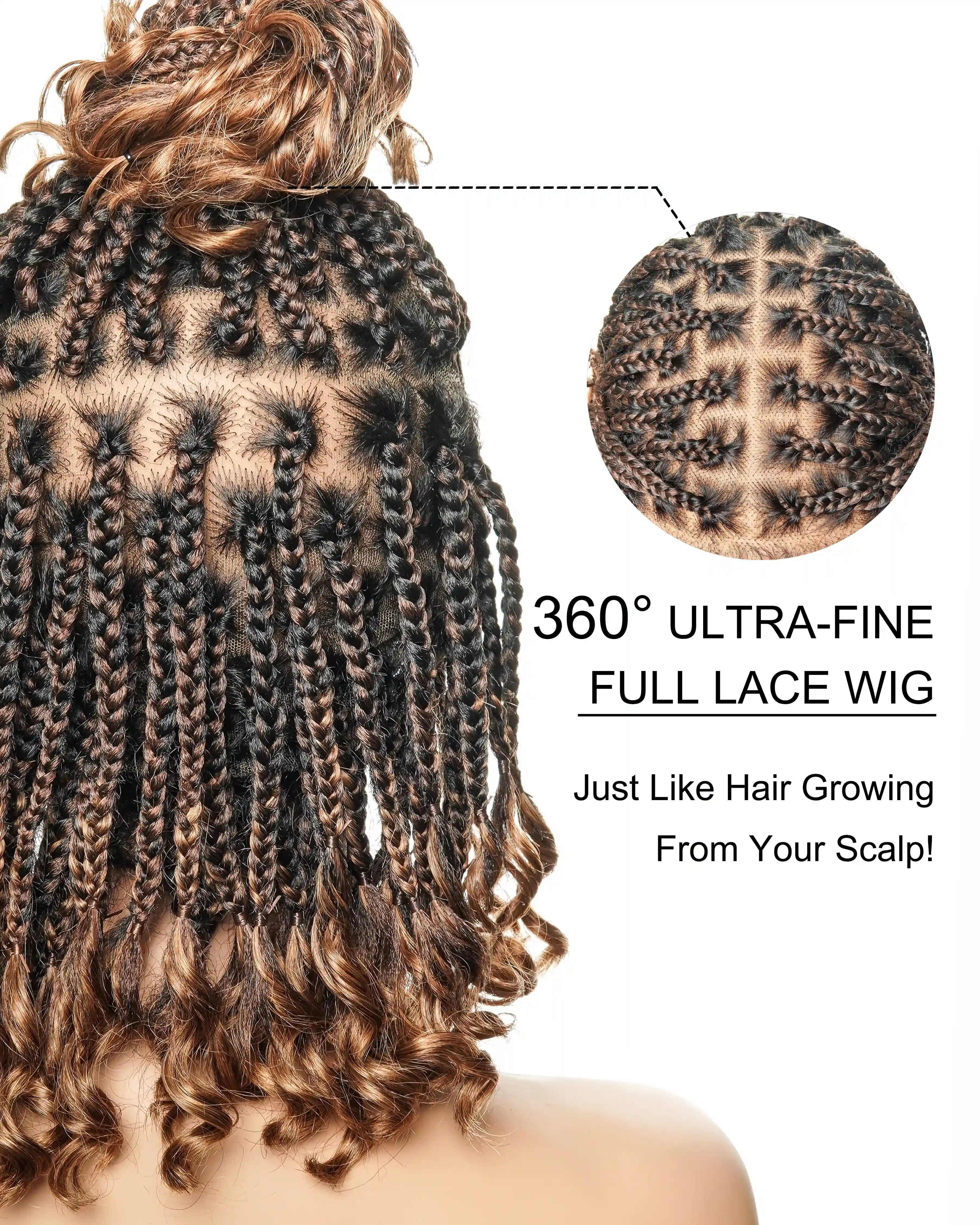 Nina - Short Pre Bleached HD Full Lace Knotless Box Braided Wig With Human Hair Curly Ends