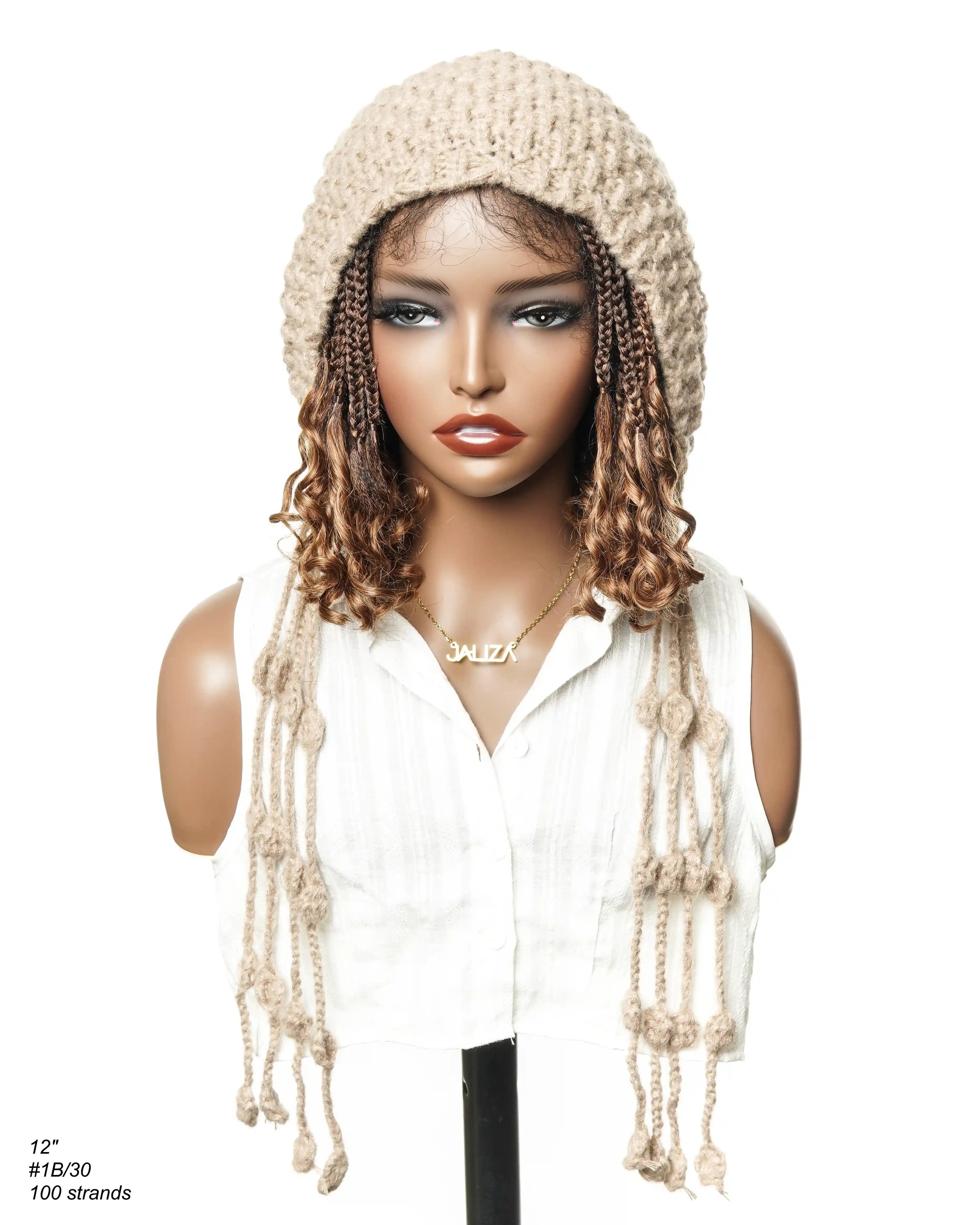 Nina - Short Pre Bleached HD Full Lace Knotless Box Braided Wig With Human Hair Curly Ends