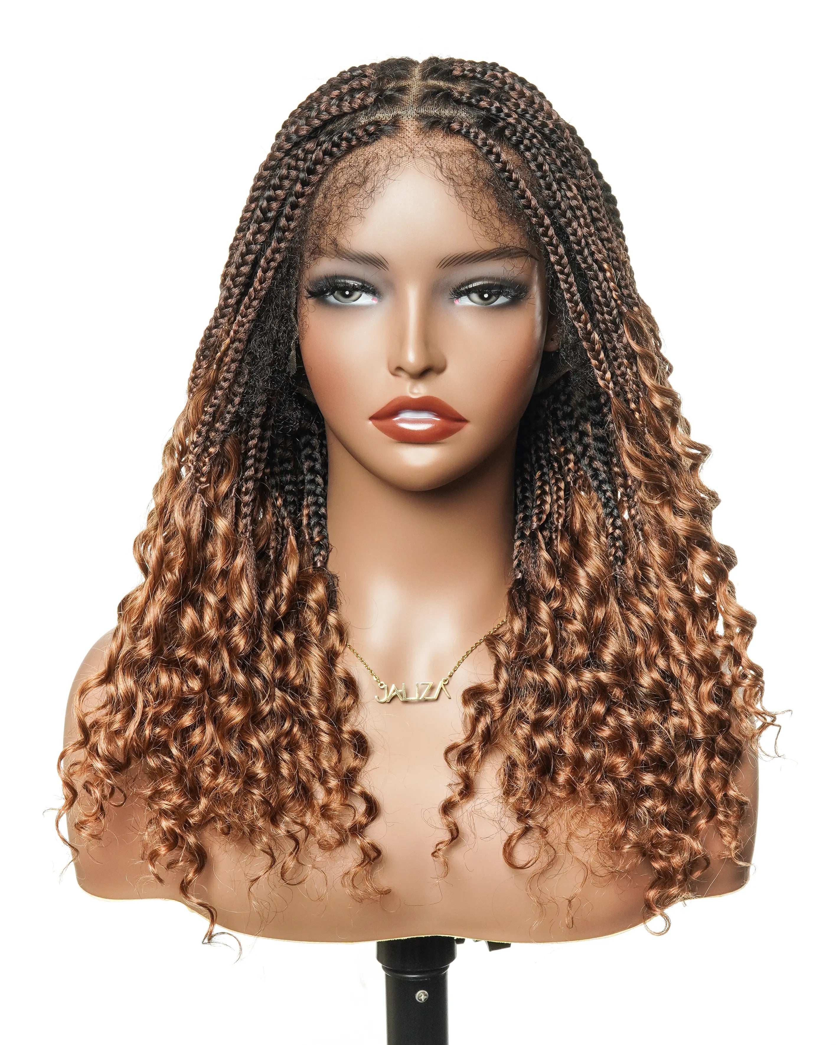 Nina - Short Pre Bleached HD Full Lace Knotless Box Braided Wig With Human Hair Curly Ends