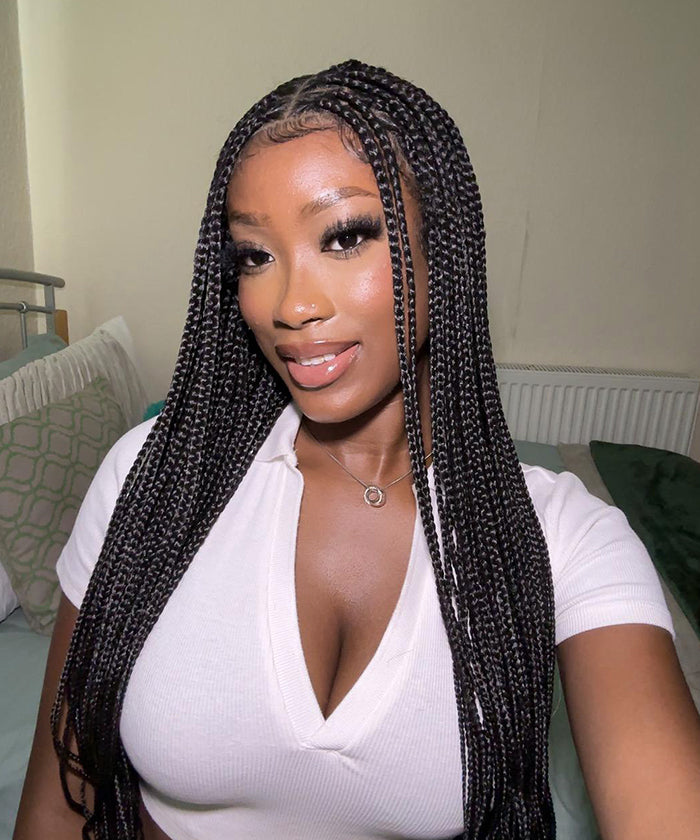 Fancivivi Small Knotless Box Braids 102 Strands Triangle Base Over Hip-Length 36" Full Hand Tied Lace Braided Wig