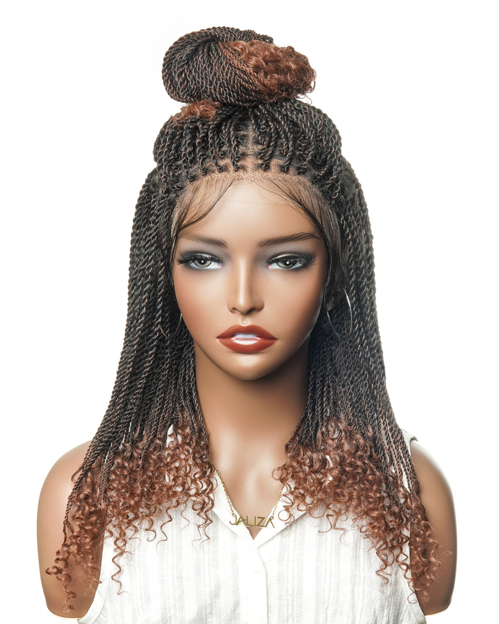 Tina - Senegalese Mini Twist Braided Wig 14" Full Hand-tied HD Lace With Curly Ends - Human Baby Hair