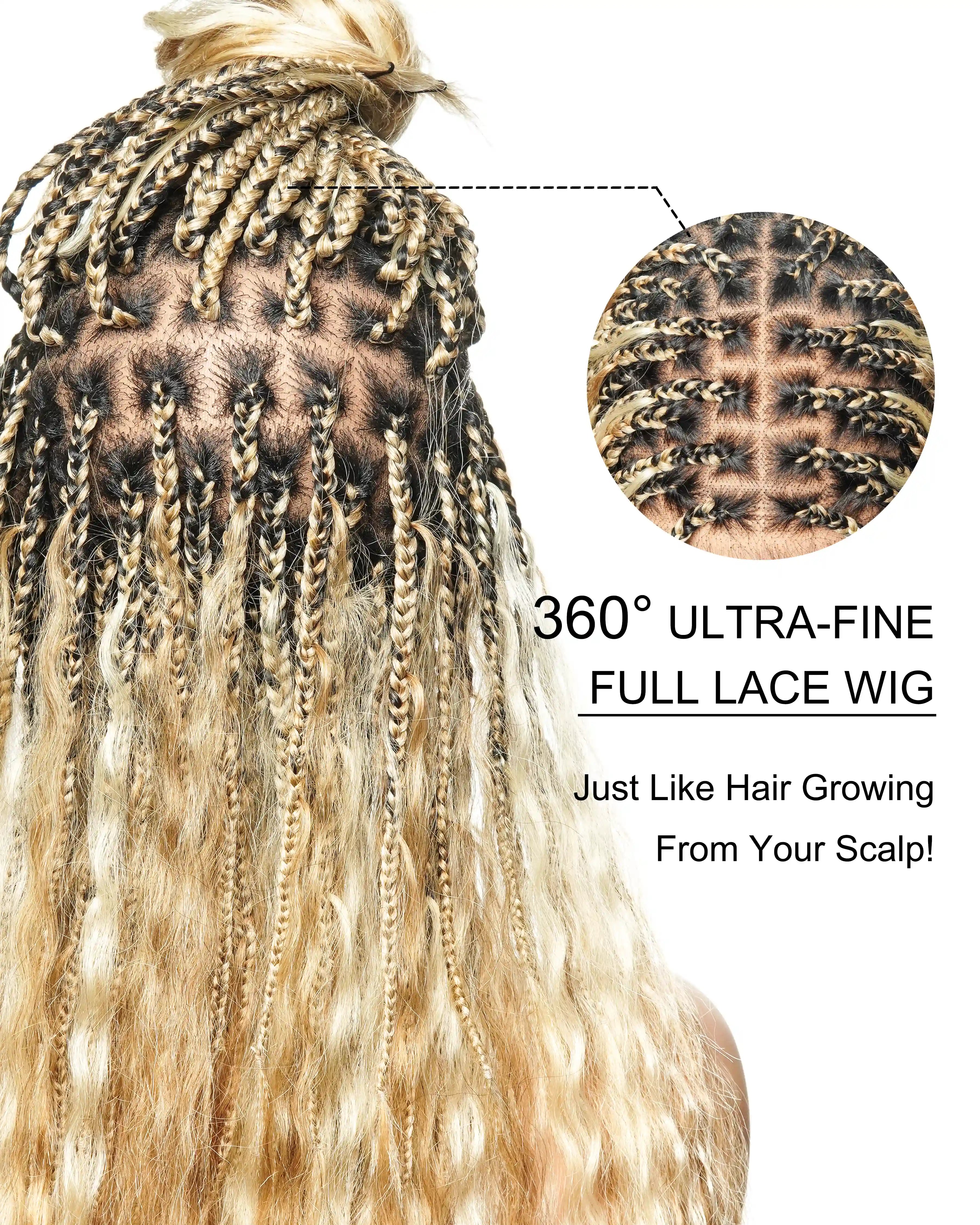 Human Hair Super Boho Color #27/613 Pre Bleached Human Hair Lace Knotless Boho Box Braided Wig Full-dense 100 Strands