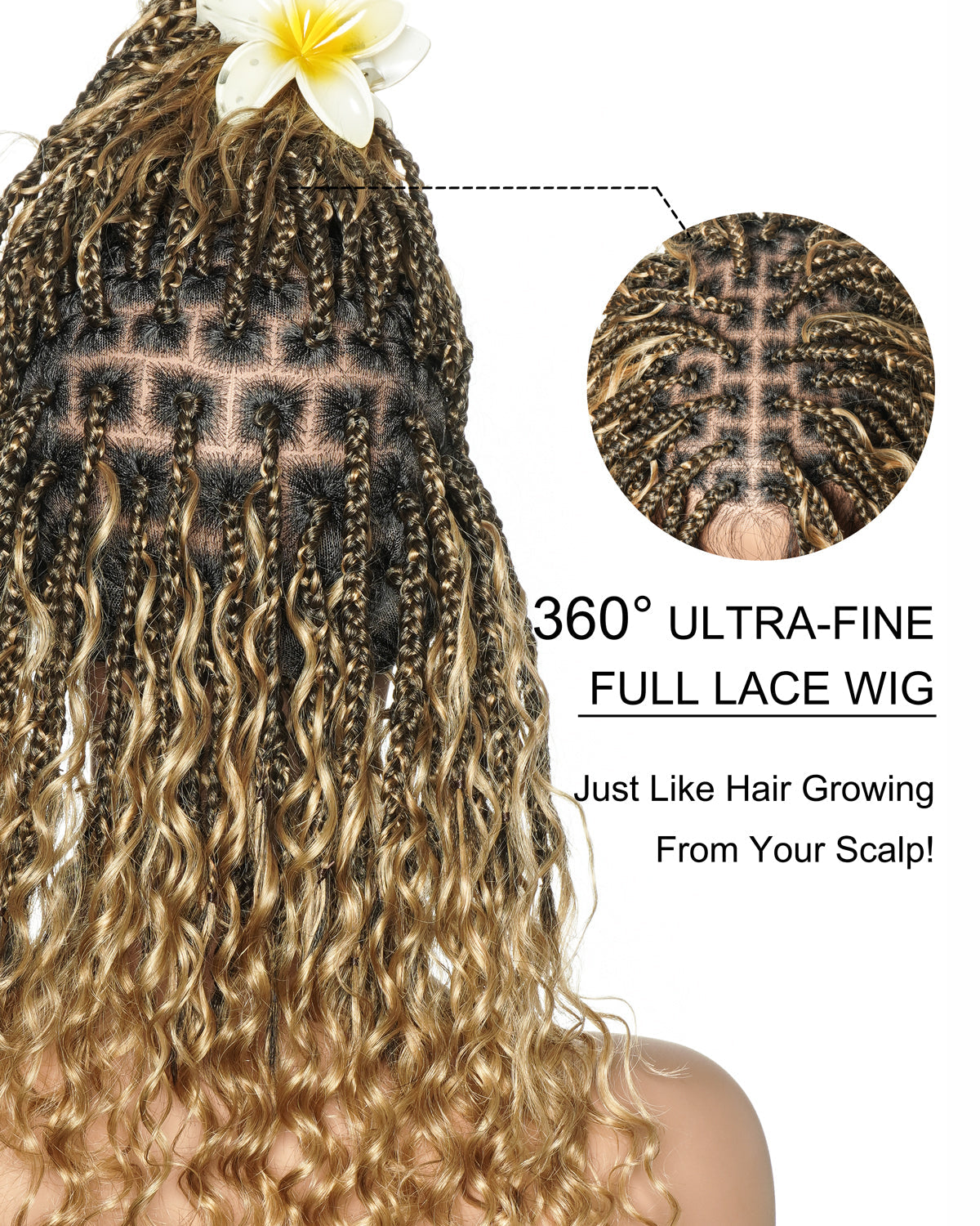 Glueless 16"-24" Pre Cut HD Full Elastic Lace Human Hair Boho Curls Lightweight Ready-To-Go Braided Wig (Lace Not Hand Tied)