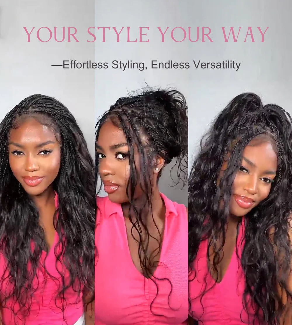 Boho Lace Braided Wig Long Wavy Crochet Braids Wig With Baby Hair Handmade No-Knot Woven Braid Wave Headband Hair Extension