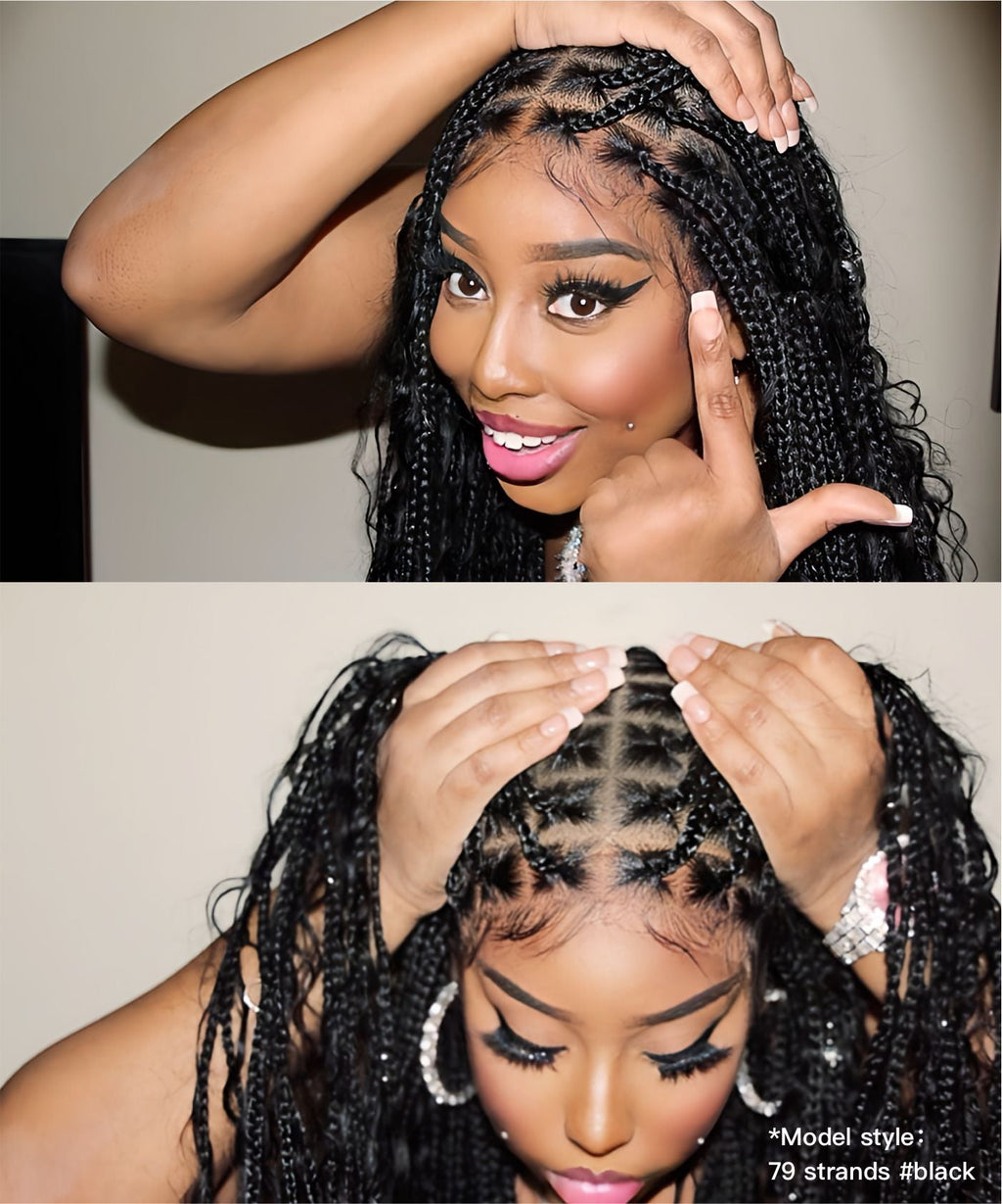 36" Human Hair Boho Curls HD Lace Knotless Box Braided Wig Full Hand-tied - Human Baby Hair