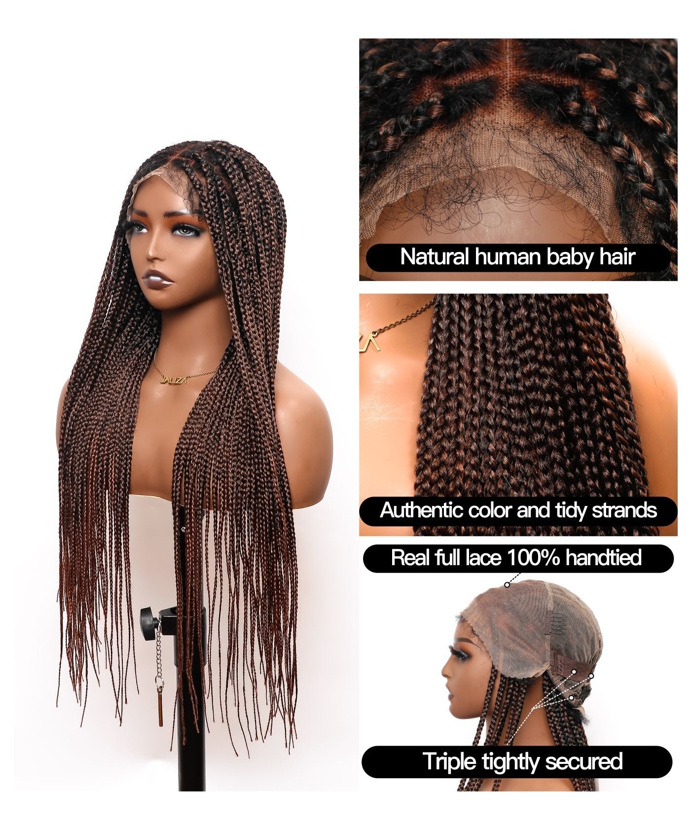 Large Head Size Exclusive - 36 inches Pre Bleached Human Hair Lace Knotless Box Braided Wig with Human Baby Hair